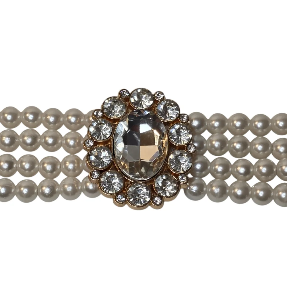 White Faux Pearl Stretch Belt Waist Chain Rhinestone Brooch Buckle  Small Medium - Picture 2 of 4